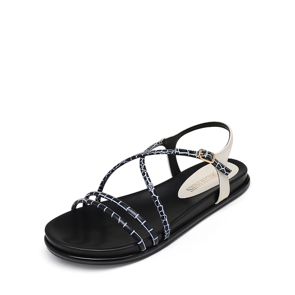 Round Toe Dressy Flat Sandals - BLACK WHITE -  0